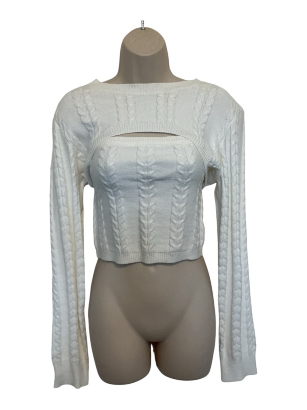 NWT Cotton Candy Ivory 2 Piece Cut Out Cable Knit Sweater Size L Tube Top Shrug